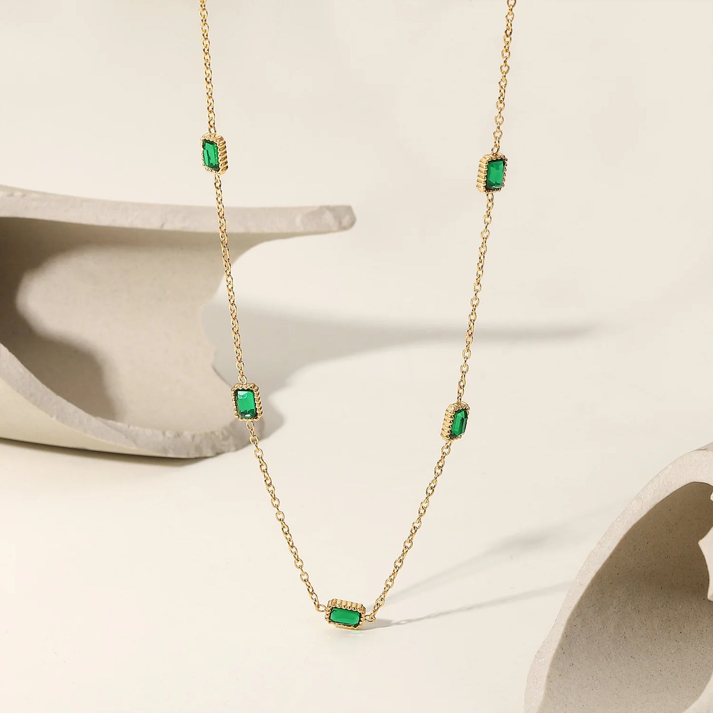 14K Gold Plated Green Cubic Zirconia Rectangle Choker Necklace