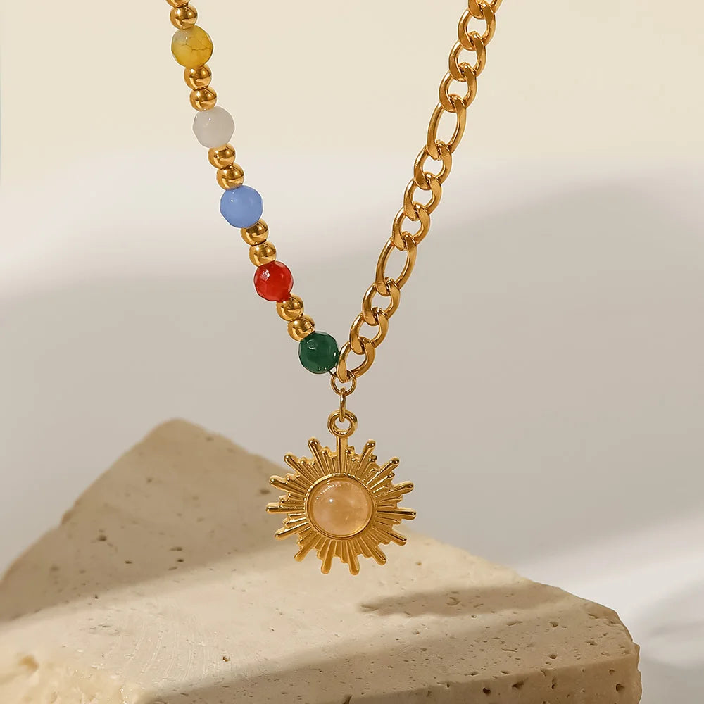 Opal Sun Beads Chain Pendant Necklace