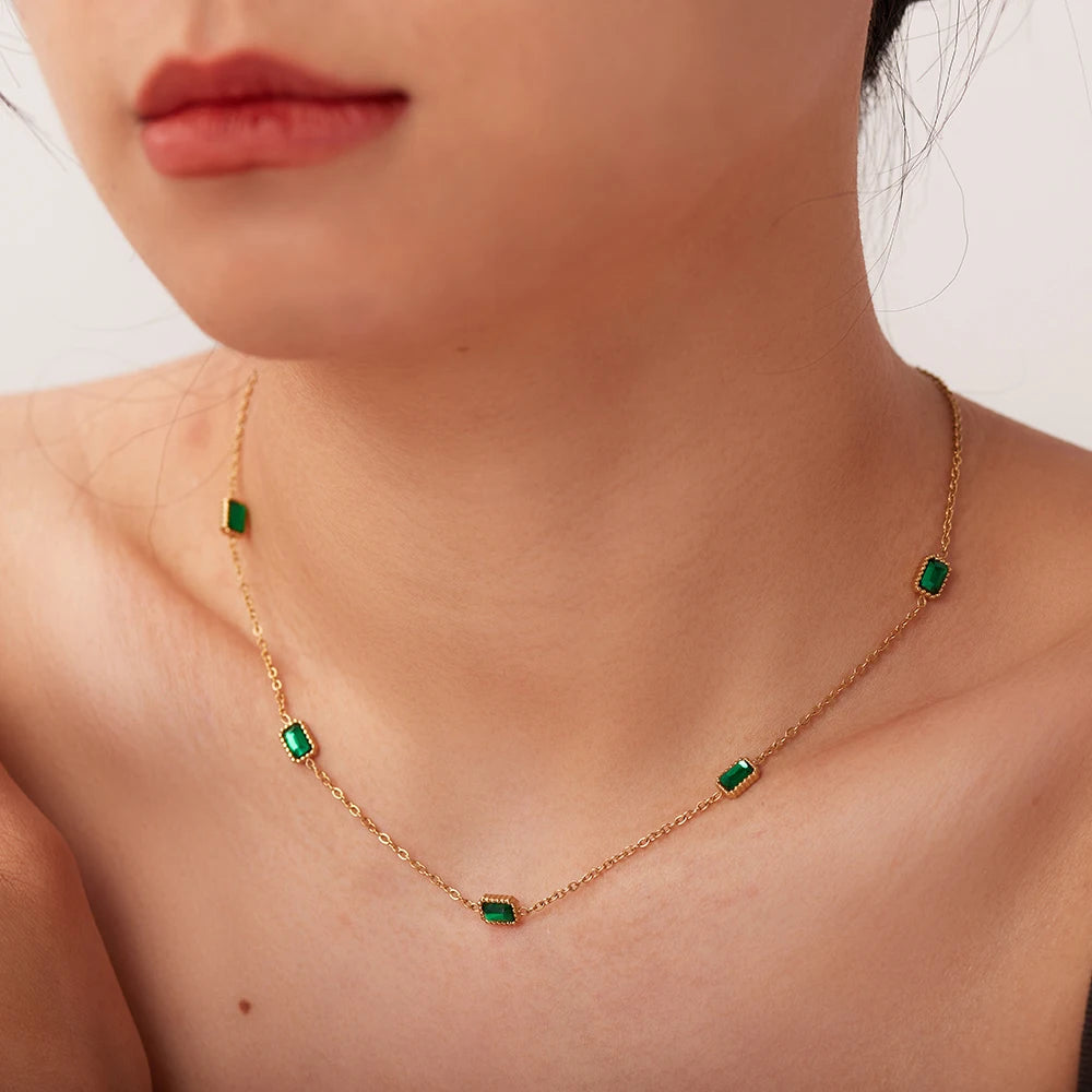 14K Gold Plated Green Cubic Zirconia Rectangle Choker Necklace