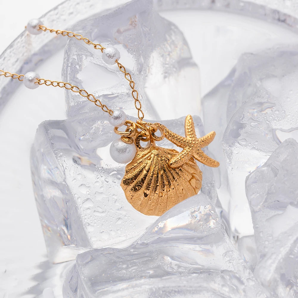 Golden Starfish Shell Pendant Necklace